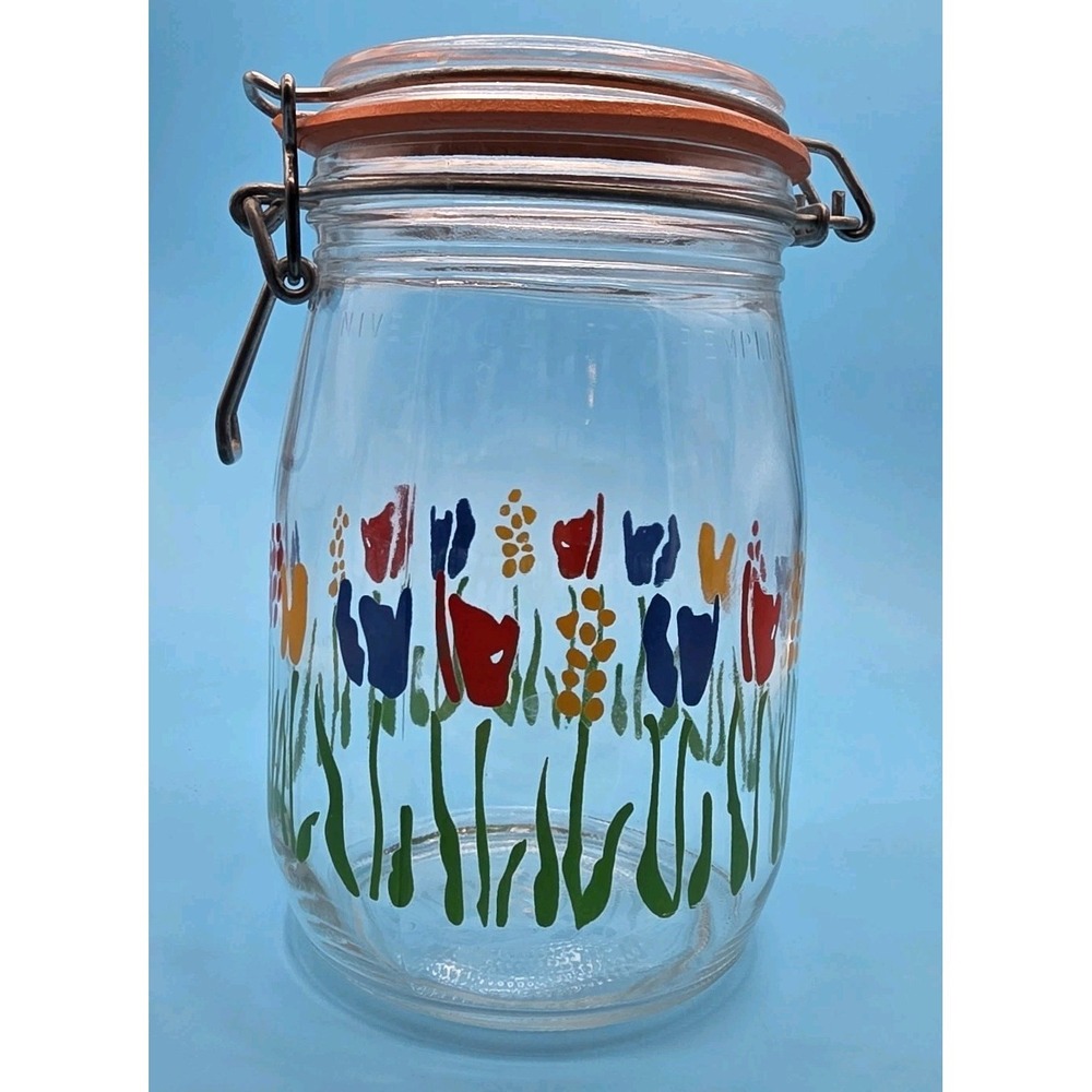 VINTAGE Arc France Glass Tulip Floral Large 9" Clamp Jar Canister 1.5 Litre